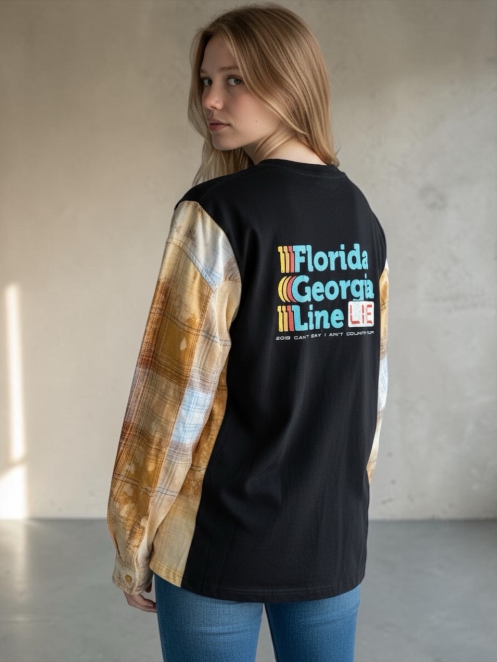 FLORIDA GEORGIA LINE Reworked Band Tee Flannel Upcycled Festival Top OOAK - Picture 7 of 10